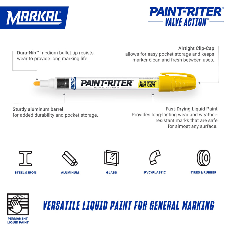 MARKAL 96801 Valve Action Paint Markers, Yellow, 1/8 in, Medium